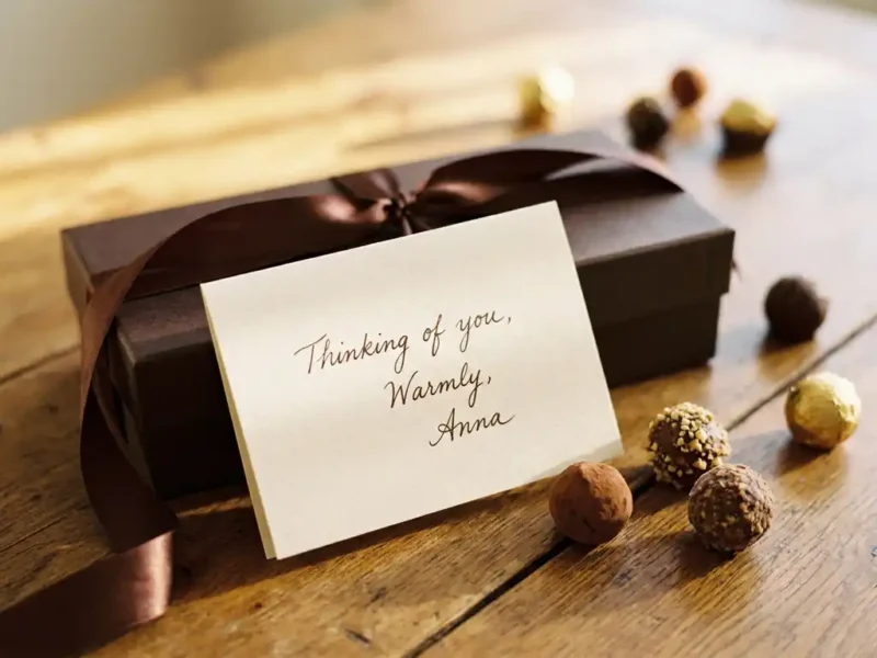 Handgeschreven wenskaart tegen een donkere chocoladegiftbox met satijnen lint, omringd door pralines op een houten ondergrond.