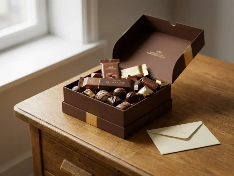 Luxe geschenkdoos vol elegant verpakte chocolaatjes en pralines op een eiken bureau naast een gevouwen envelop, zacht natuurlijk licht.