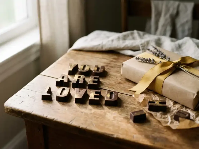 Chocolade letterblokjes op rustiek houten oppervlak naast kraftpapier cadeauverpakking met lint, zachte natuurlijke belichting.