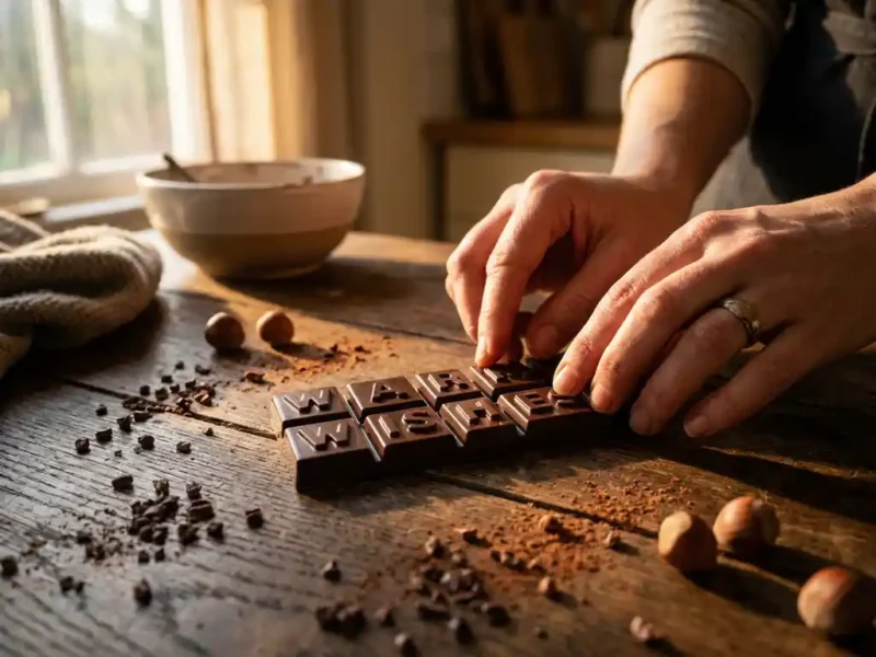 Handen die glanzende donkere chocoladeletterblokken schikken op rustiek hout, omringd door cacaonibs en hazelnoten.