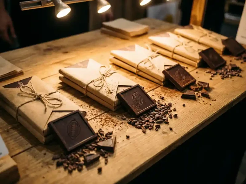 Houten beurstafel met gepersonaliseerde chocoladerepen in kraftpapier, onverpakte stukken tonen donkere chocolade, cacaonibs en kleine blokjes.