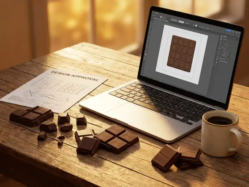 Houten bureau met Belgische chocoladereepjes, ontwerpdocument en laptop waarop een gepersonaliseerde chocolade-layout te zien is, in warm middaglicht.