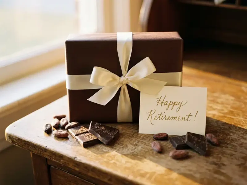 Elegante Pralinenschachtel mit Schleife auf einem Holzschreibtisch, neben einer Ruhestands-Karte und Kakaobohnen: belgische Pralinen im warmen Goldlicht.