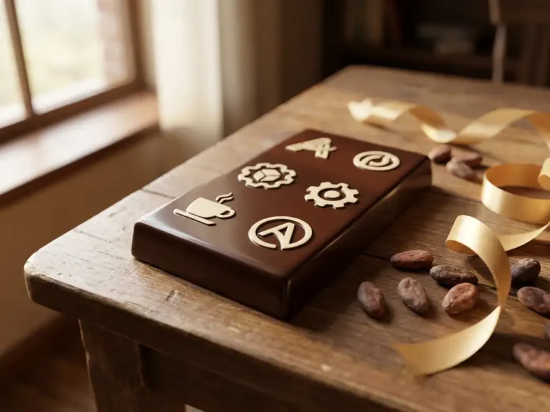 Gepersonaliseerde pure chocoladereep met bedrijfslogo's op een houten bureau, omringd door cacaobonen en gouden lint.