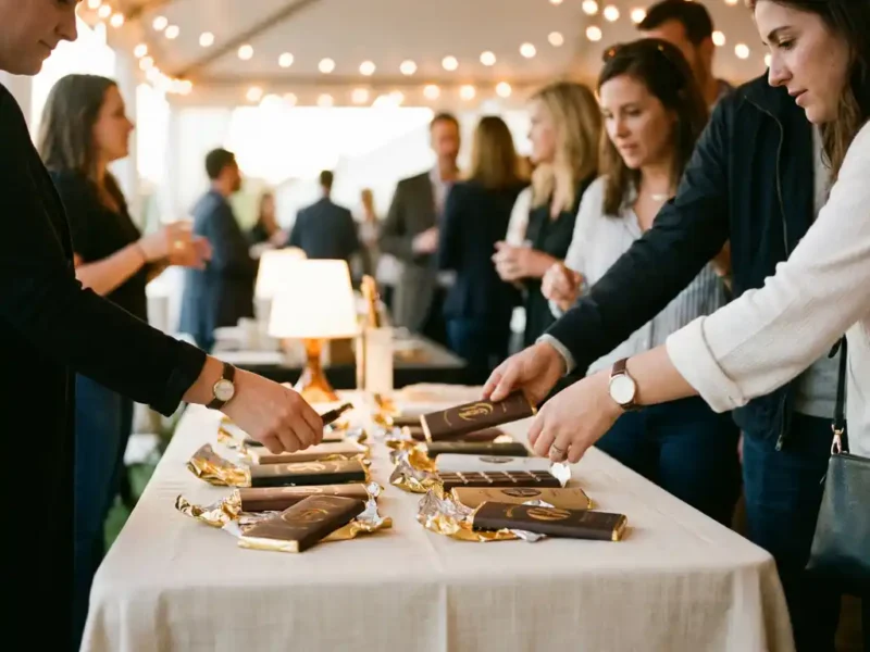 Gepersonaliseerde chocoladerepen met bedrijfslogo's op een feestelijke evenementtafel, omringd door warm sfeerverlichting en goudkleurige folie.