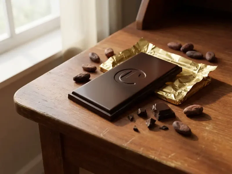 Glanzende chocoladereep met ingegraveerd logo op houten bureau, omringd door cacaobonen en goudfolie in warm natuurlijk licht.