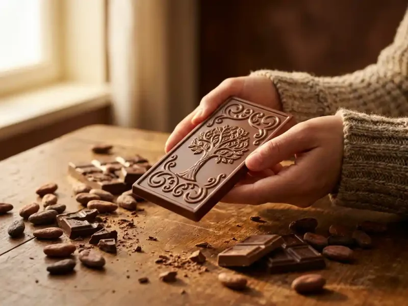 Handen houden een glanzende chocoladereep met aangepast design, omringd door cacaobonen op een houten bureau in warm middaglicht.