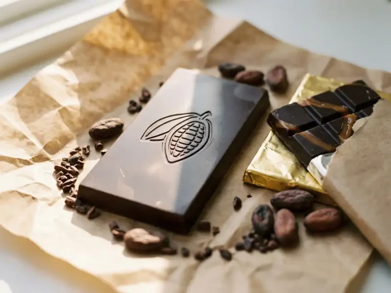 Glanzende donkere chocoladereep met reliëflogo op kraftpapier, omringd door cacaobonen en een half uitgepakte reep in warm zijlicht.
