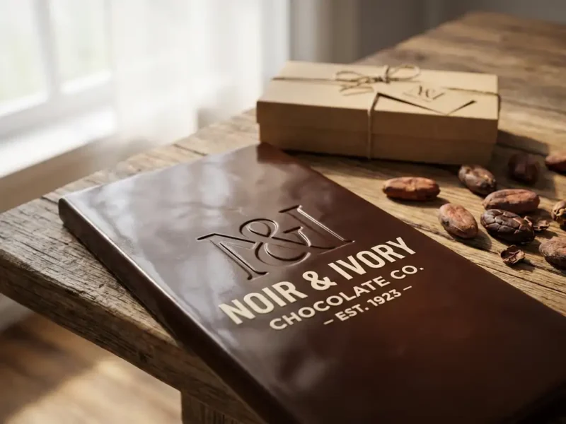 Donkere chocoladereep met glanzend oppervlak op houten bureau, omringd door cacaobonen en kraft cadeaudoosje in warm natuurlijk licht.