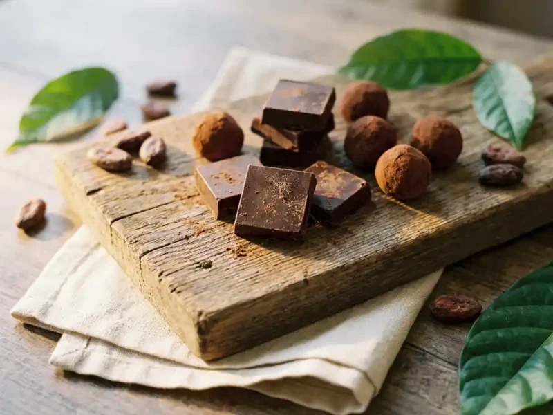 Dunkle vegane Schokoladenwürfel und Trüffel auf einem Holzuntergrund, umgeben von Kakaobohnen und grünen Blättern im warmen Seitenlicht.