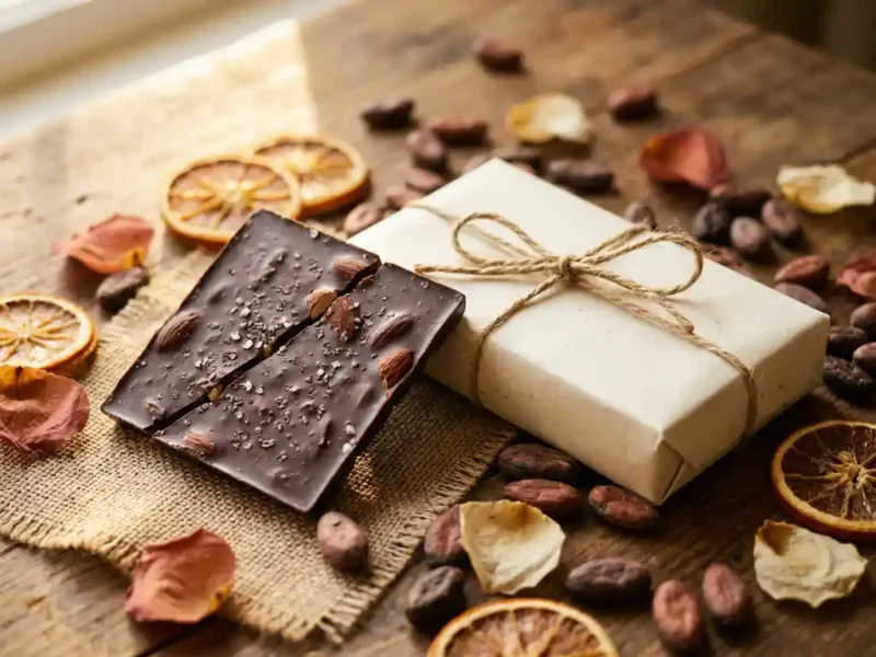 Ein Stück nachhaltige Zartbitterschokolade neben einer Premium-Schokoladen-Geschenkbox mit Naturschnur, Kakaobohnen und getrockneten Blumen auf einem Holzuntergrund.