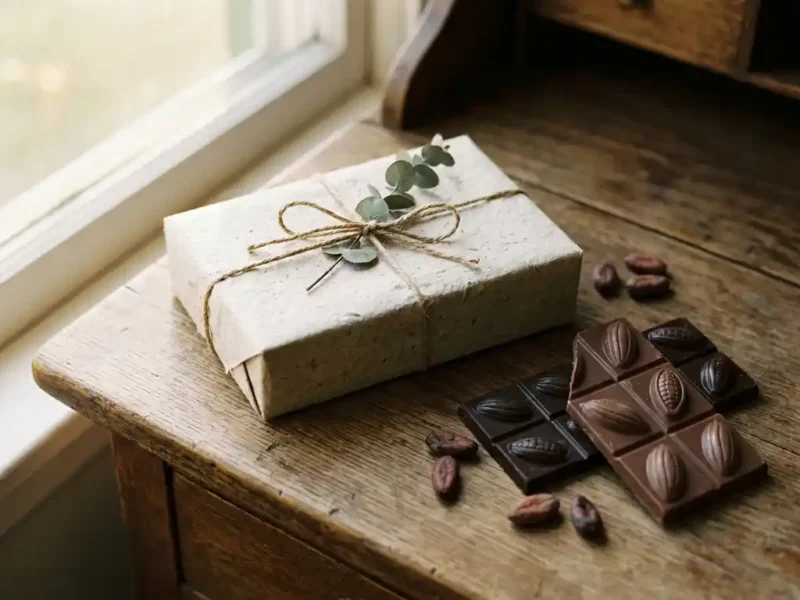 Duurzame chocolade cadeaudoos op houten bureau met pure en melkchocoladerepen, cacaobonen en gedroogd botanisch takje.