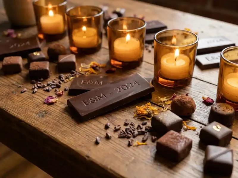 Gepersonaliseerde chocoladerepen en bonbons op houten tafel, versierd met cacaonibs en gedroogde bloemblaadjes in warm kaarslicht.