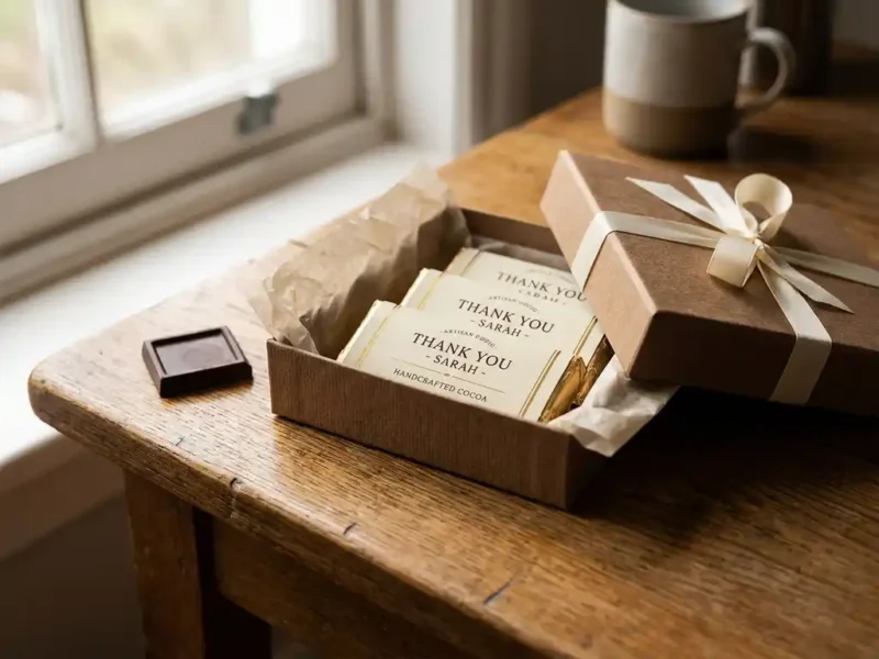 Eine geöffnete Geschenkbox mit personalisierten Schokoladentafeln auf einem Schreibtisch aus Eichenholz, sanftes, natürliches Licht, warme Brauntöne.