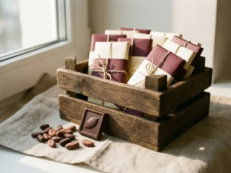 Houten kratje gevuld met gepersonaliseerde chocoladerepen op linnen ondergrond, omringd door cacaobonen in warm zijlicht.
