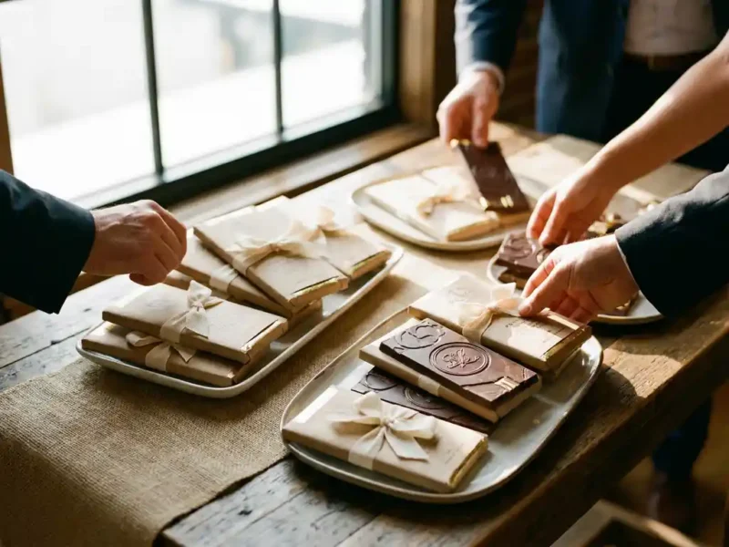 Personalisierte belgische Schokoladengeschenke mit Kraftpapier und Schleife auf einem Holztisch bei einer Firmenkundenveranstaltung.