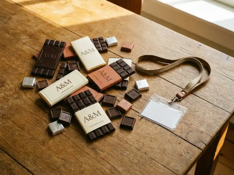 Gepersonaliseerde Belgische chocoladerepen en kleine branded stukjes op een eikenhouten vergadertafel, met een lanyard en naamkaartje ernaast.