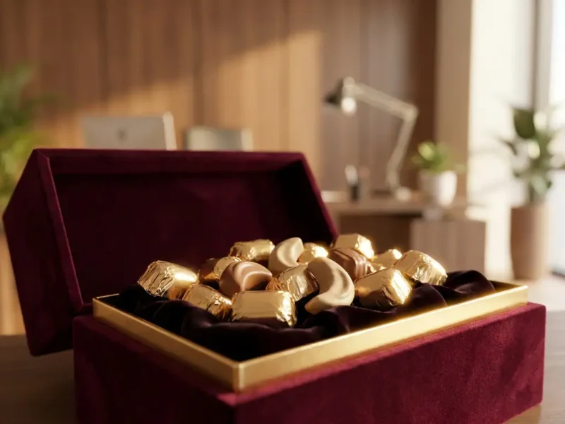 Luxe geschenkdoos met individueel verpakte halal chocolaatjes, gouden folieaccenten en een crescent-vormige chocolade op donker fluweel.