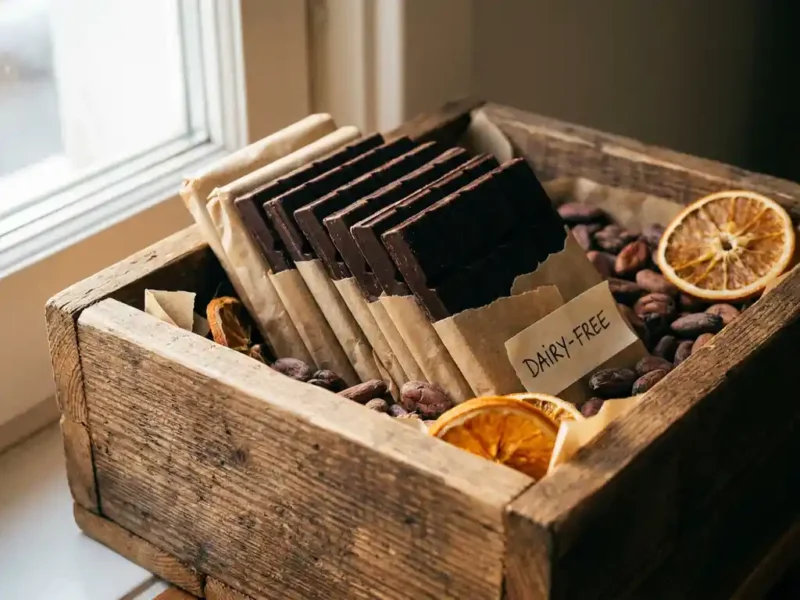 Rustikale Geschenkbox aus Holz mit laktosefreien Zartbitterschokoladenriegeln, Kakaobohnen und getrockneten Orangenscheiben in warmem, natürlichem Licht.
