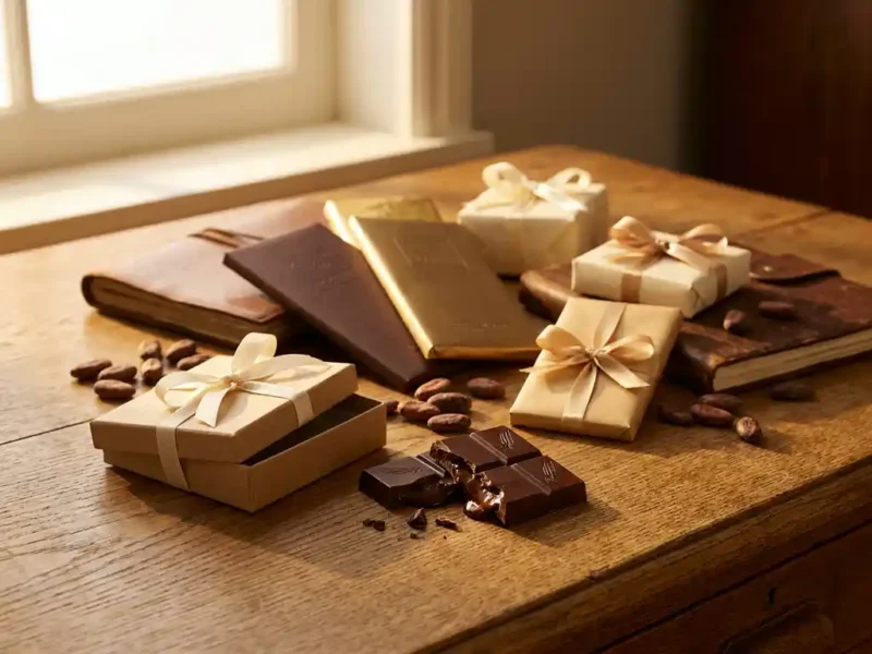 Luxueuze gespreide chocoladerepen en cadeauverpakkingen op een eikenhouten bureau, één stuk opengebroken met donker interieur, gouden middaglicht.