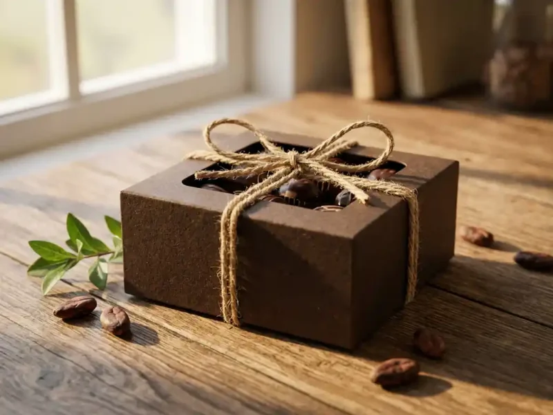 Donkere chocolade geschenkdoos met touwstrik op houten bureau, omringd door cacaobonen en groen blad in warm zijlicht.