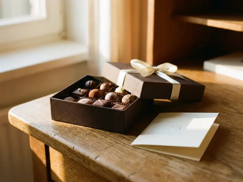 Eine Schachtel mit belgischen Premium-Pralinen auf einem Schreibtisch aus Eichenholz neben einer gefalteten Visitenkarte, warmes, natürliches Licht.