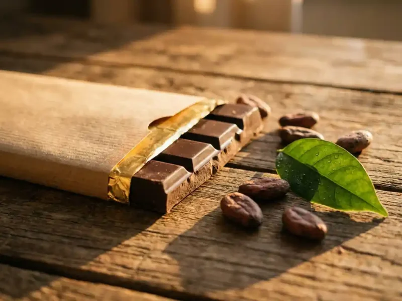 Puur chocoladereep in kraftpapier op rustiek hout, omringd door rauwe cacaobonen en een groen cacaoblad in warm goudkleurig licht.