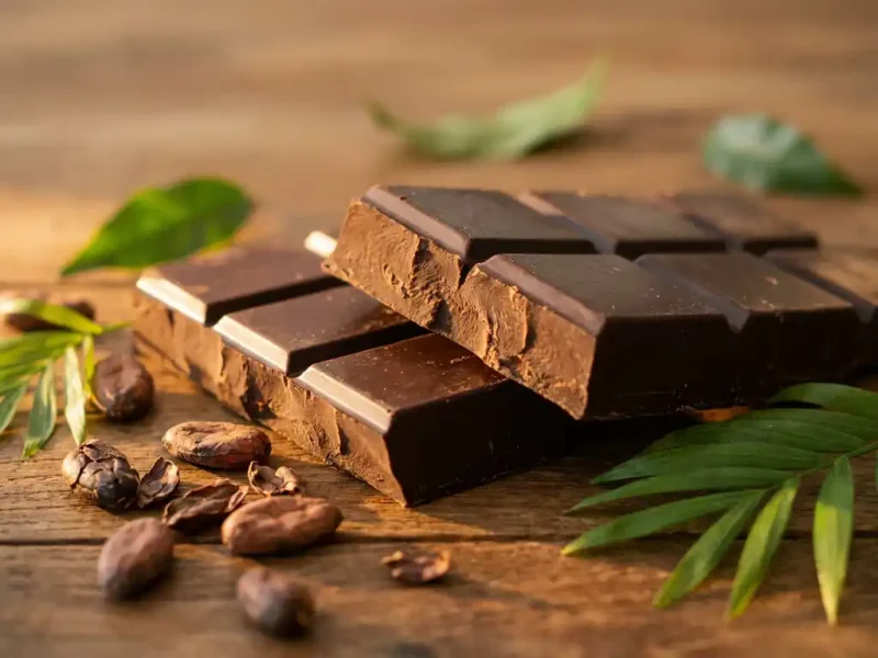 Gebroken pure chocoladereep op houten ondergrond, omringd door cacaobonen en tropische bladeren in warm middaglicht.