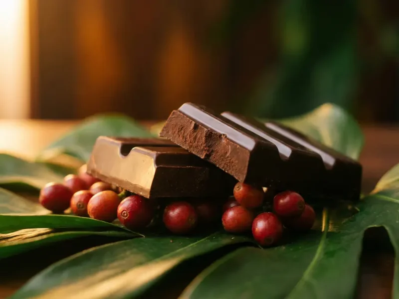 Gebroken pure chocoladereep op tropische groene bladeren en rode bessen, belicht door warm zijdelings goudlicht.
