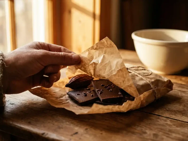 Hand die kraftpapier openvouwt met glanzende pure chocoladestukken en een cacaopeulje op een houten oppervlak in warm middaglicht.