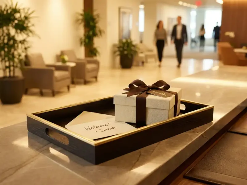 Gepersonaliseerde chocoladecadeaubox met handgeschreven kaartje op een receptiebalie, warm gouden sfeerverlichting.