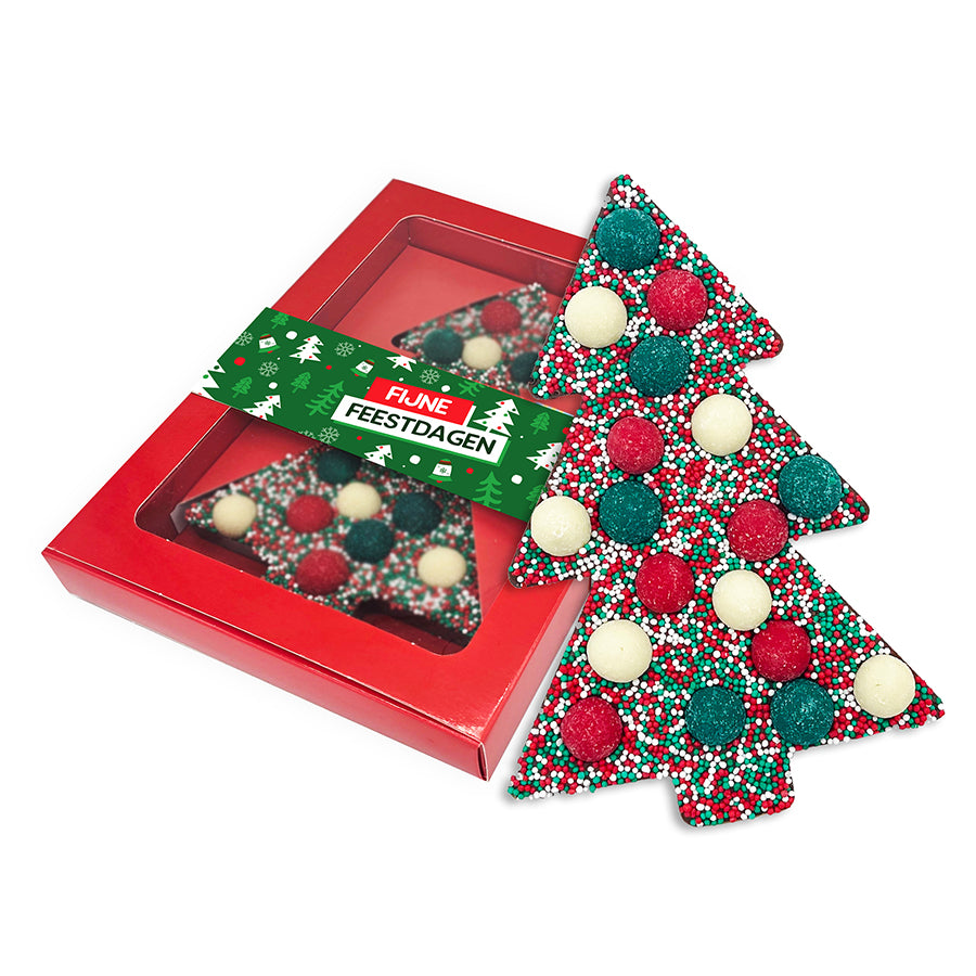 Luxuriöser „Happy Truffle“-Schokoladen-Weihnachtsbaum mit buntem Topping in einer schönen, luxuriösen roten Geschenkbox