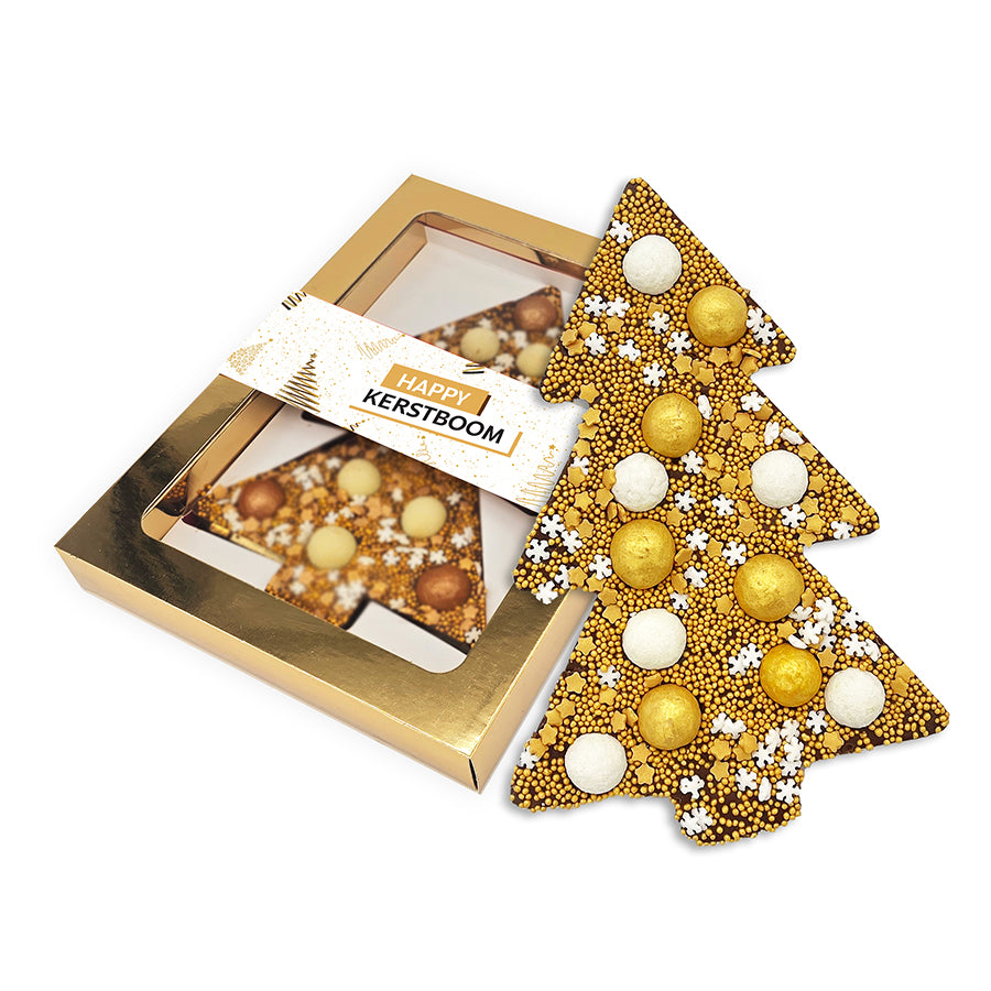 Luxuriöser „Happy Truffel“-Schokoladen-Weihnachtsbaum mit goldener und weißer Glasur in einer schönen, edlen goldenen Geschenkbox