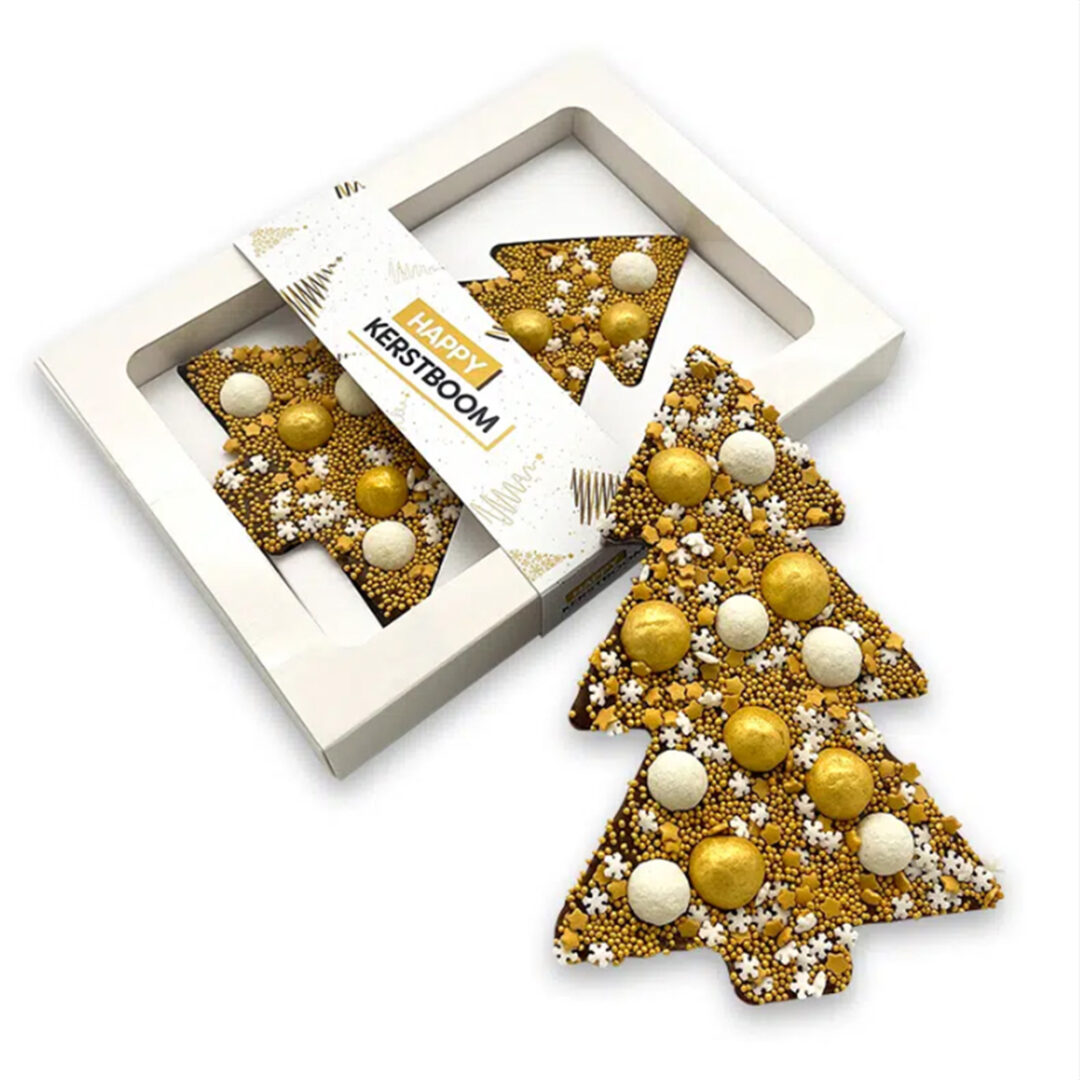 Luxuriöser „Happy Truffel“-Schokoladen-Weihnachtsbaum mit goldener und weißer Glasur in einer schönen, edlen weißen Geschenkbox