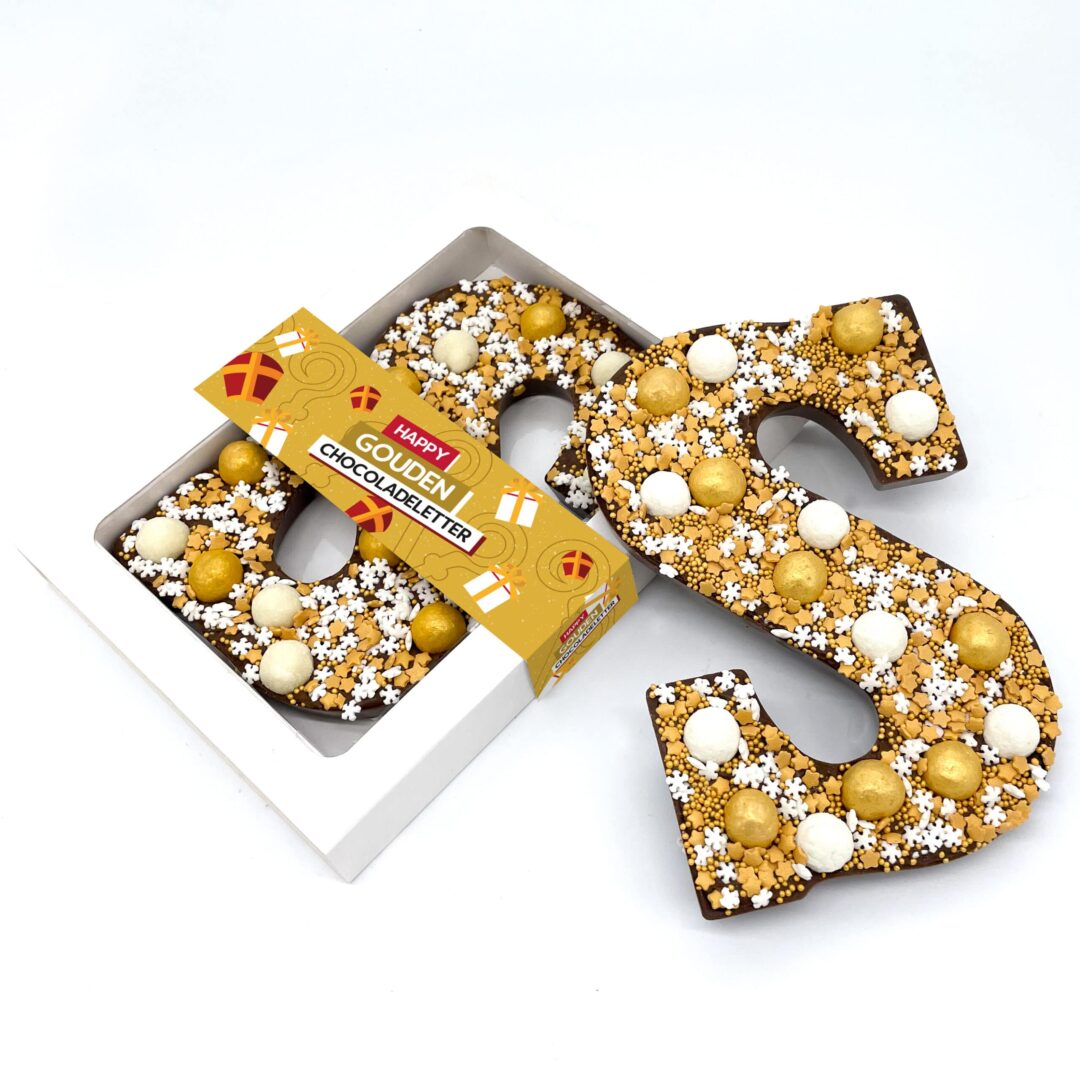 „Happy Truffel“-Schokoladenbuchstabe in Gold in einer luxuriösen weißen Geschenkbox