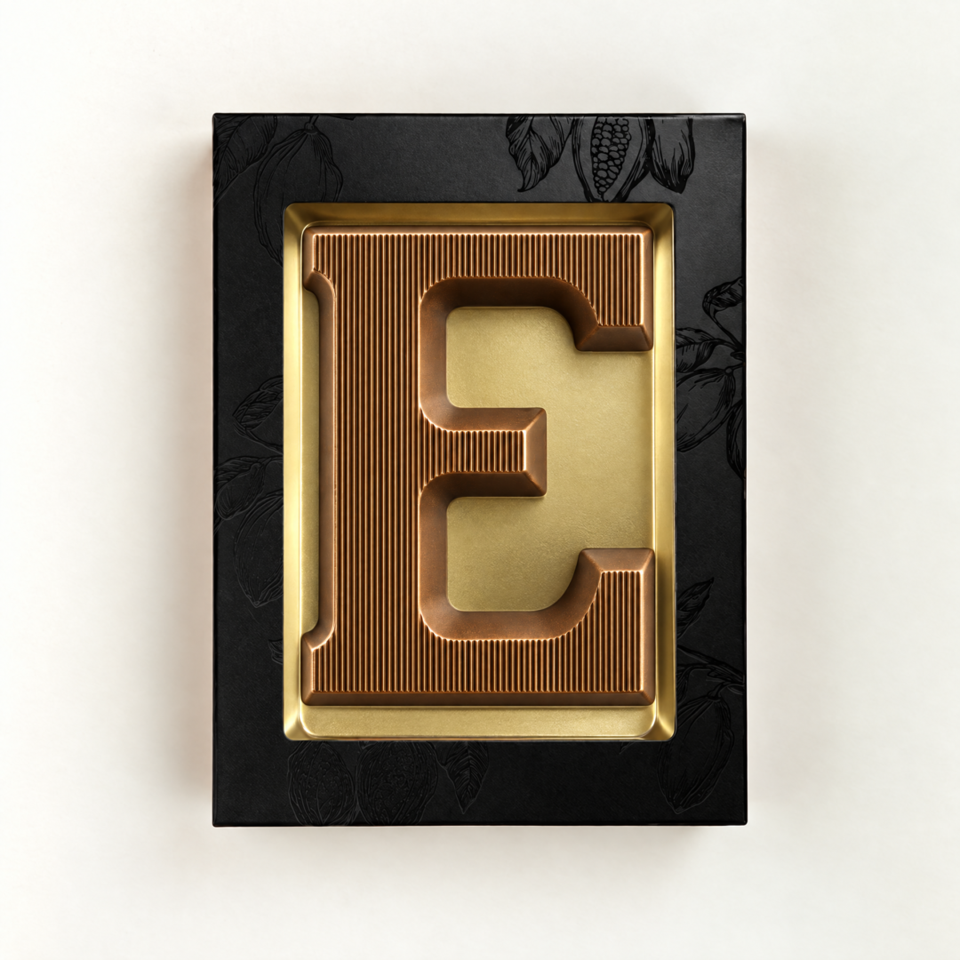 Melk Chocoladeletter E met bronzen finish. Leuk als relatiegeschenk