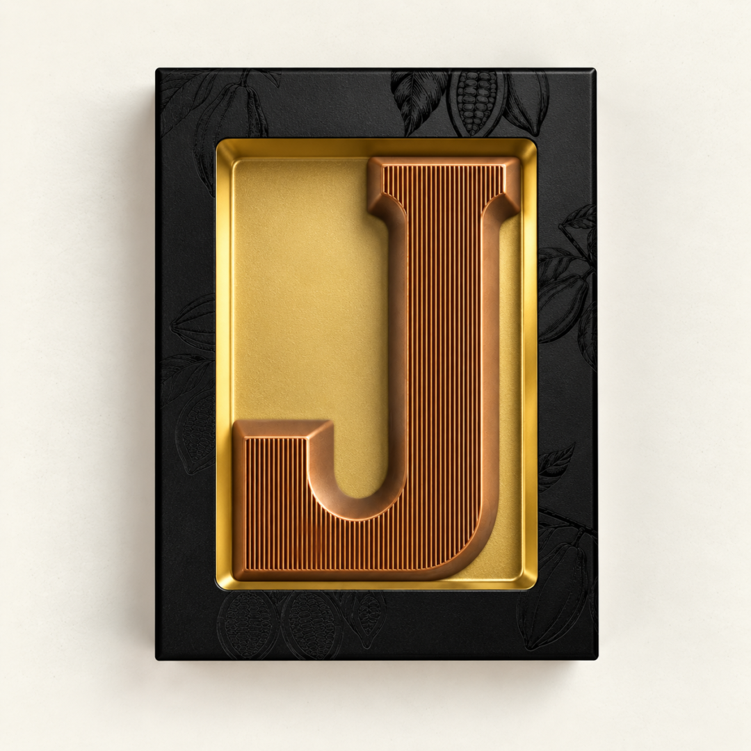 Melk Chocoladeletter J met bronzen finish. Leuk als relatiegeschenk