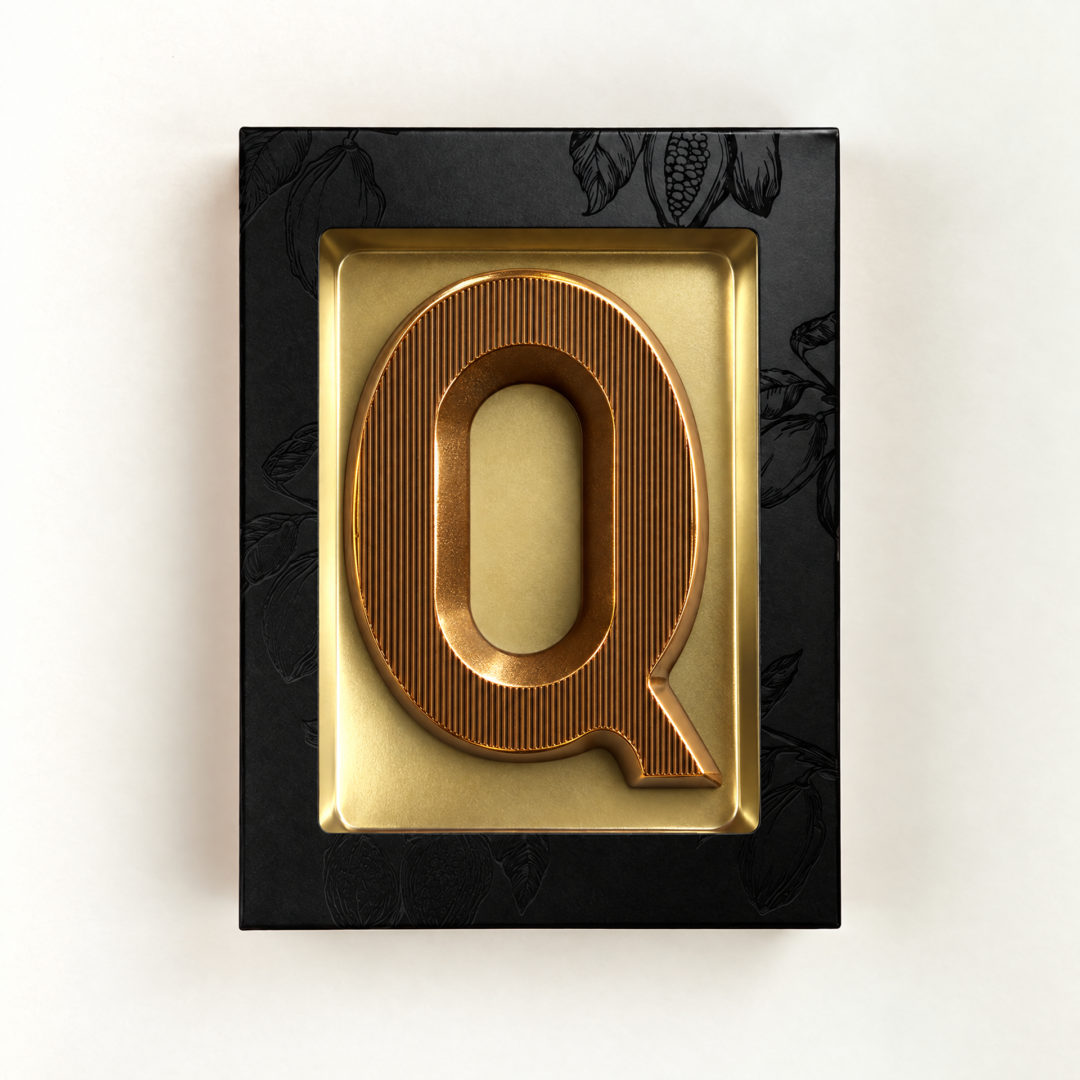 Melk Chocoladeletter Q met bronzen finish. Leuk als relatiegeschenk