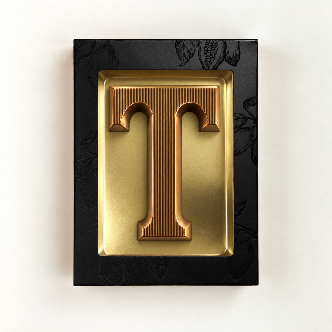 Melk Chocoladeletter T met bronzen finish. Leuk als relatiegeschenk
