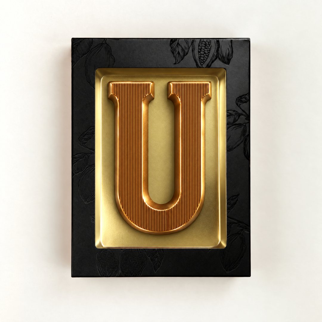 Melk Chocoladeletter U met bronzen finish. Leuk als relatiegeschenk