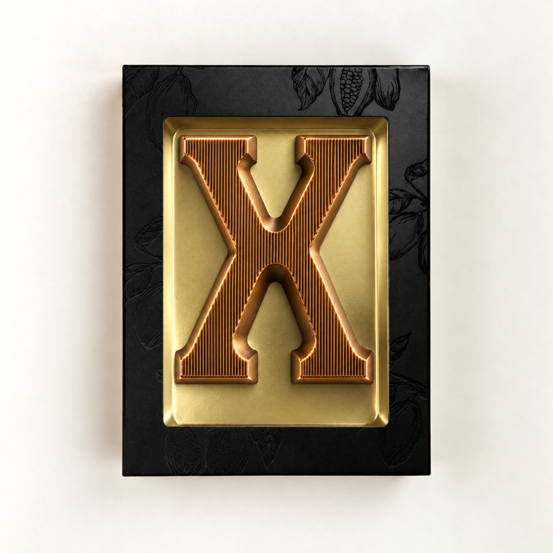 Melk Chocoladeletter X met bronzen finish. Leuk als relatiegeschenk