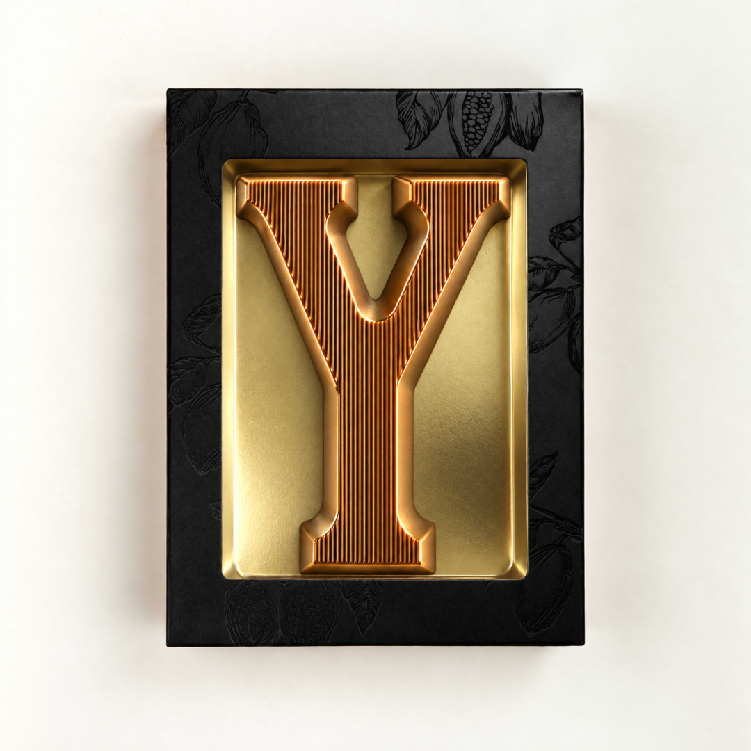 Melk Chocoladeletter Y met bronzen finish. Leuk als relatiegeschenk
